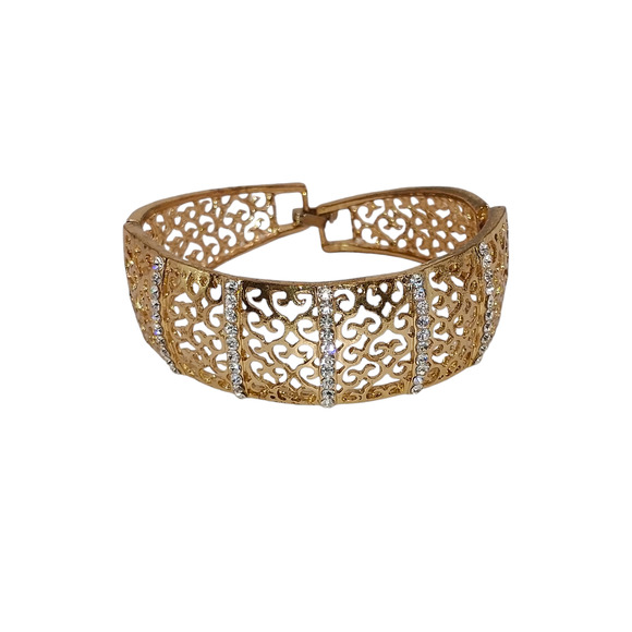 🍭3 for 20 - Gold Tone Filigree Clasp Bracelet Rhinestones 7" Sparkle Pretty - Picture 5 of 9